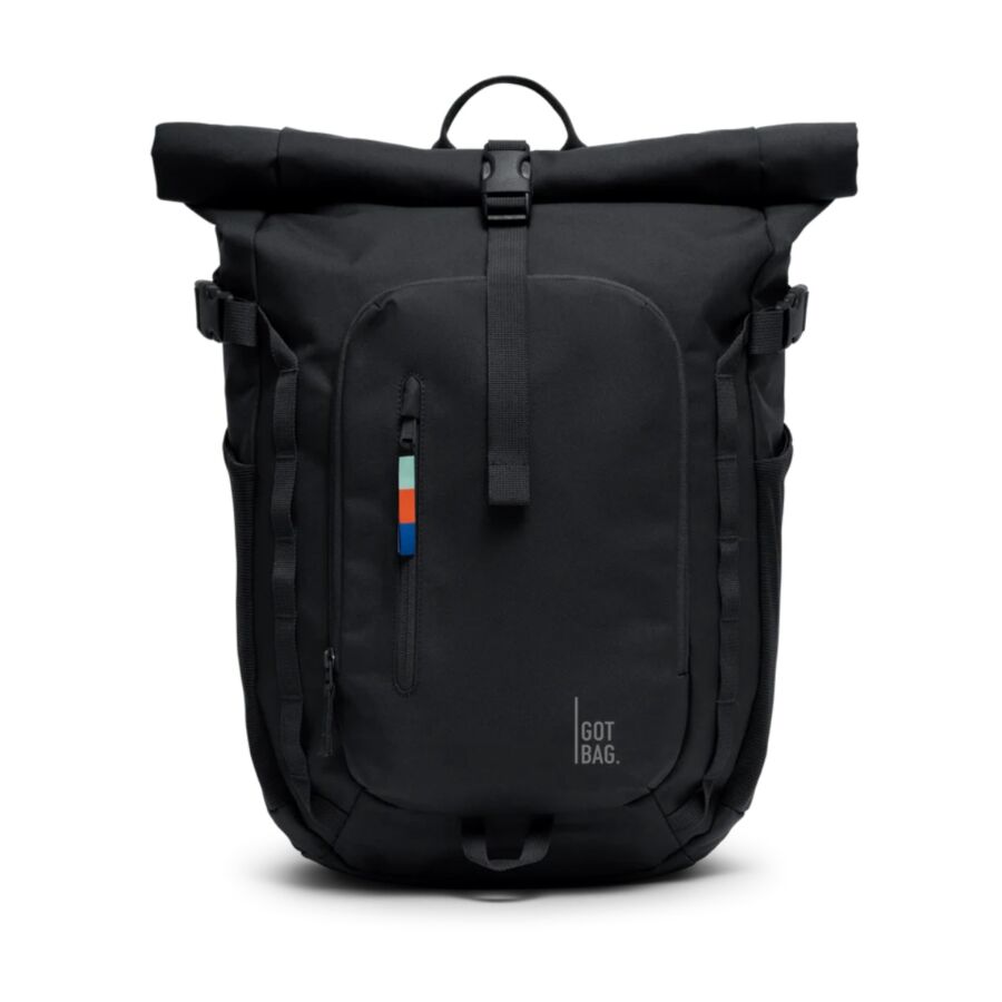 25 Best Vegan Backpacks for Work & Travel (2026) 13 Black rolltop backpack featuring a vibrant rainbow stripe along the side, designed for adventure and outdoor activities.