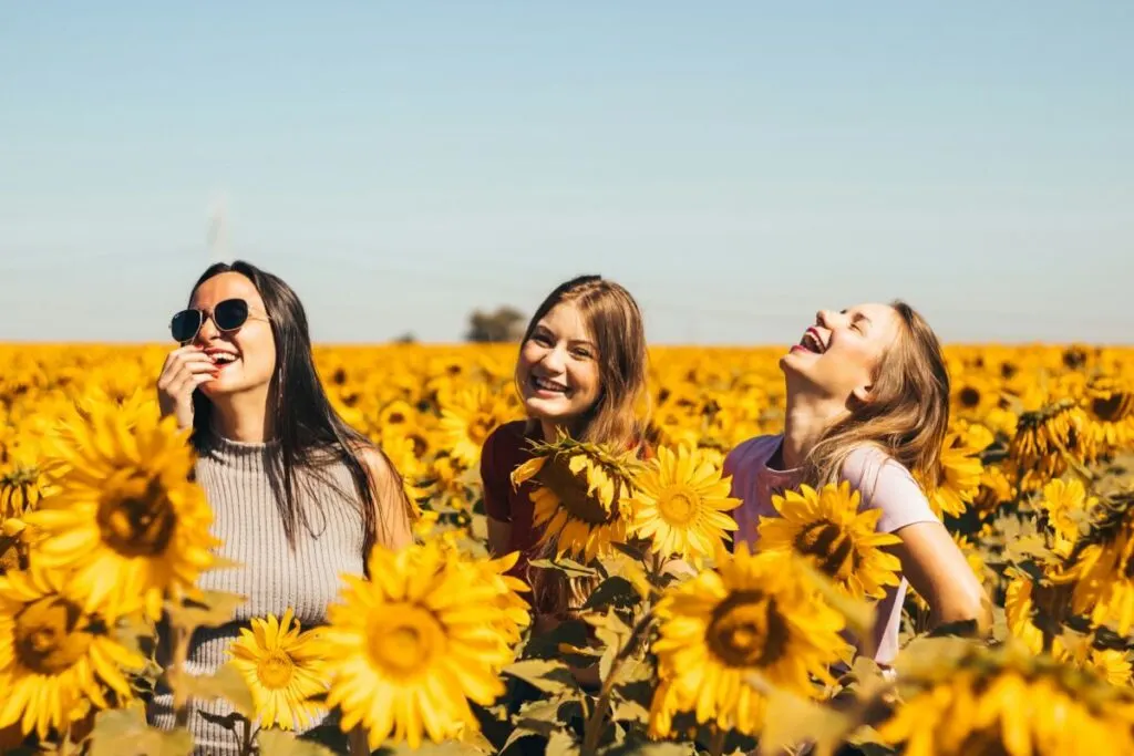 Happy group of friends on a sunflower field