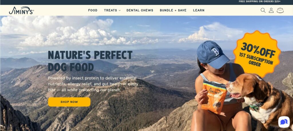 Jiminy's website featuring natural dog food options, emphasizing sustainability and health for pets.
