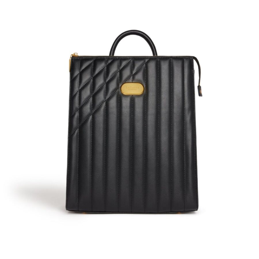25 Best Vegan Backpacks for Work & Travel (2026) 21 Black leather LaBante London Danai bag featuring elegant gold hardware accents.