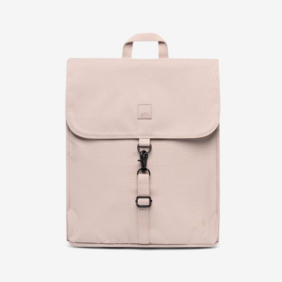 25 Best Vegan Backpacks for Work & Travel (2026) 28 Compact pink backpack featuring a black strap, perfect for carrying essentials while on the go.