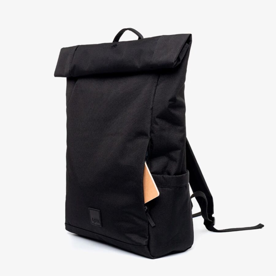 25 Best Vegan Backpacks for Work & Travel (2026) 31 Black Lefrik Roll Backpack featuring a dedicated laptop compartment for secure storage and easy access.