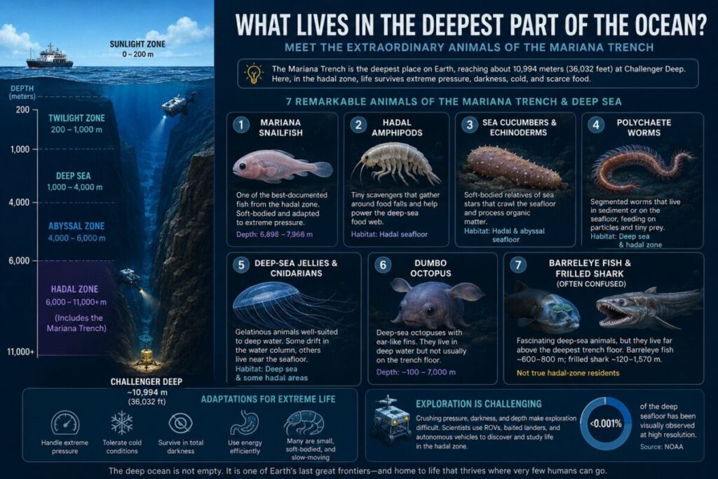 Mariana Trench Animals: What Lives in the Deepest Part of the Ocean? 1 Infographic of ocean depth zones and seven deep-sea animals of the Mariana Trench