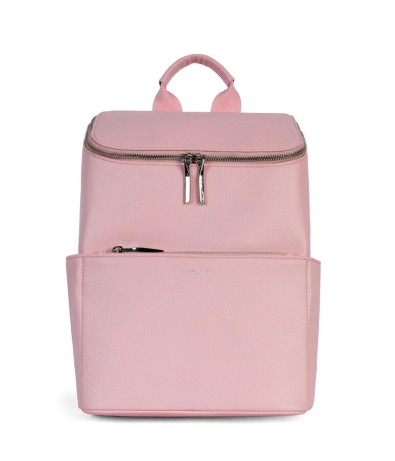 25 Best Vegan Backpacks for Work & Travel (2026) 22 Pink leather BRAVE backpack by Matt & Nat featuring a zipper closure for secure storage.