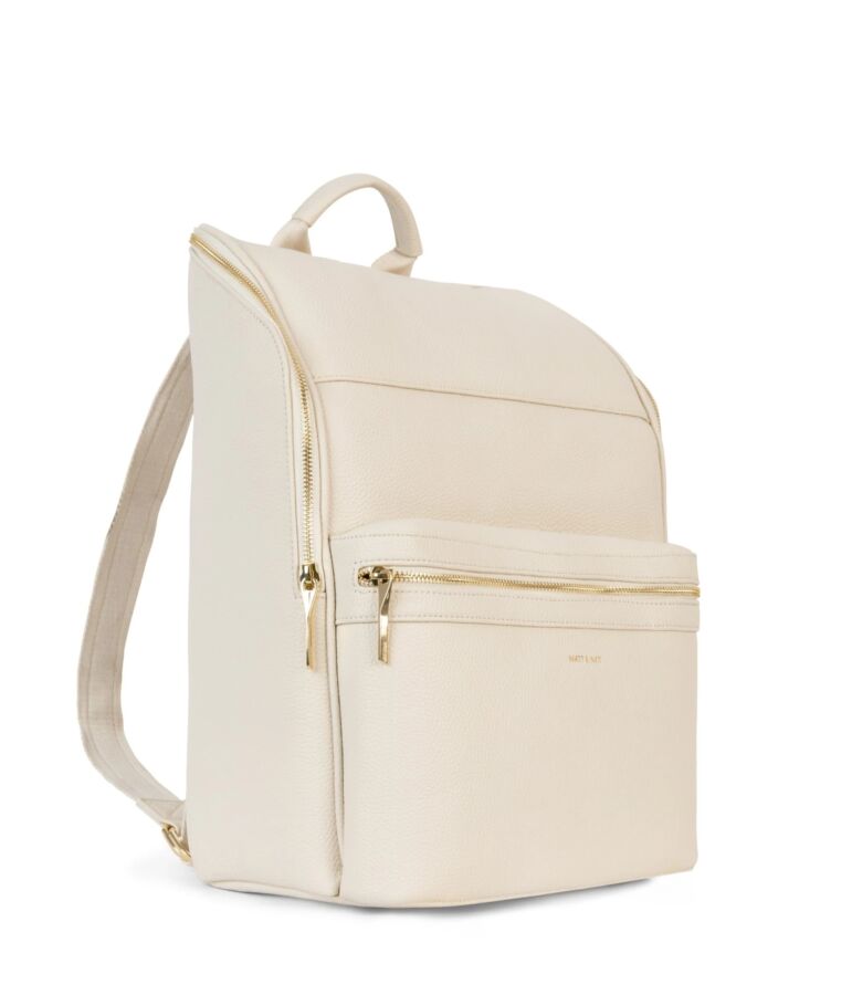 25 Best Vegan Backpacks for Work & Travel (2026) 5 Matt & Nat REMI backpack in white, adorned with gold zippers, highlighting a chic and minimalist aesthetic.
