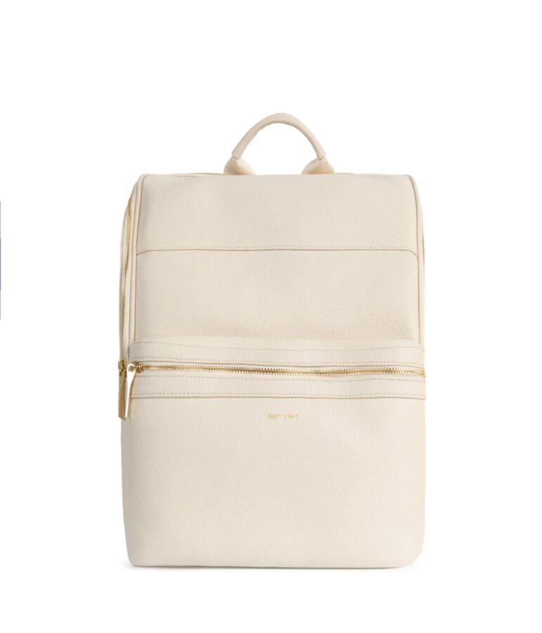 25 Best Vegan Backpacks for Work & Travel (2026) 9 Stylish white backpack by Matt & Nat REMI, accented with gold zippers for a chic and contemporary look.