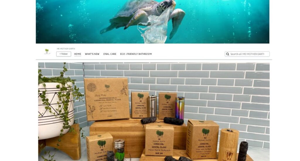 ME MOTHER EARTH Bamboo Charcoal Dental Floss Review: Is It Worth It? 8 ME MOTHER EARTH storefront showing plastic-reducing household products