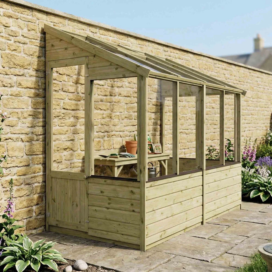 16 Best Lean-To Greenhouses for Small Yards & Side Walls 15 Wooden greenhouse with a window and a garden table, showcasing a lean-to design in a vibrant garden setting.