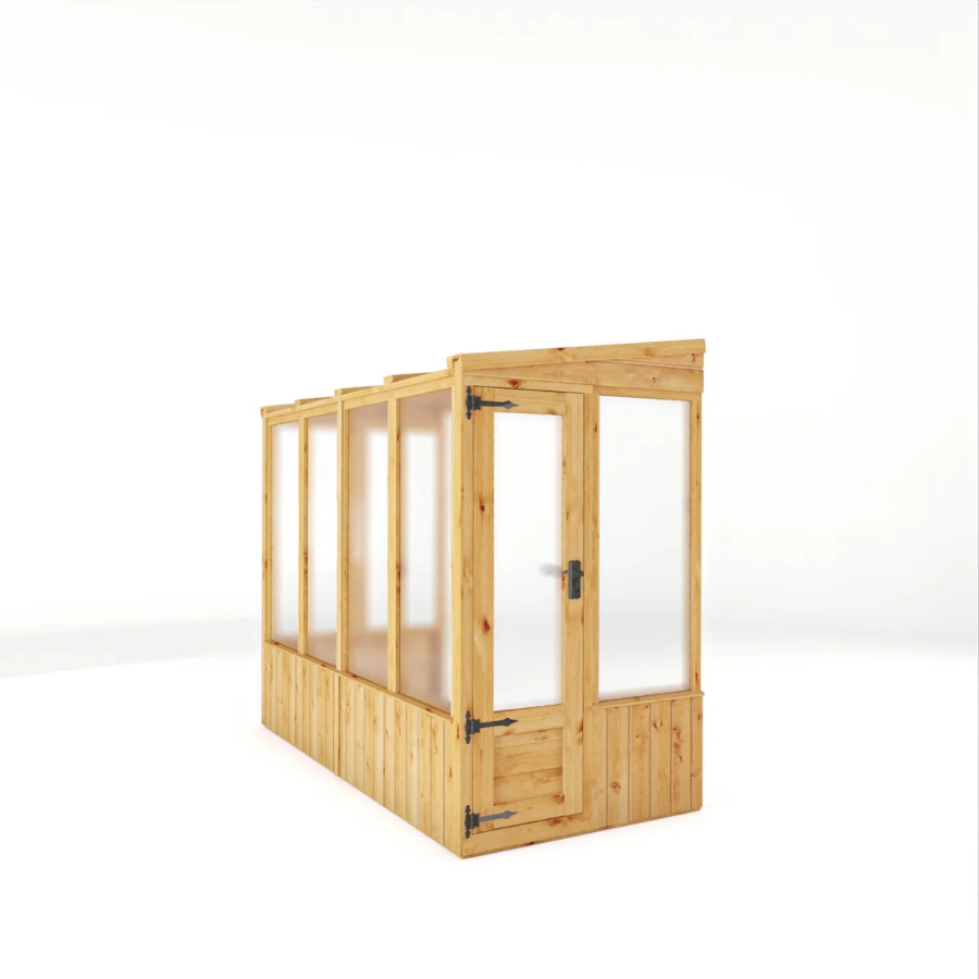 16 Best Lean-To Greenhouses for Small Yards & Side Walls 16 Wooden lean-to greenhouse featuring glass doors, ideal for nurturing plants in a compact garden space.