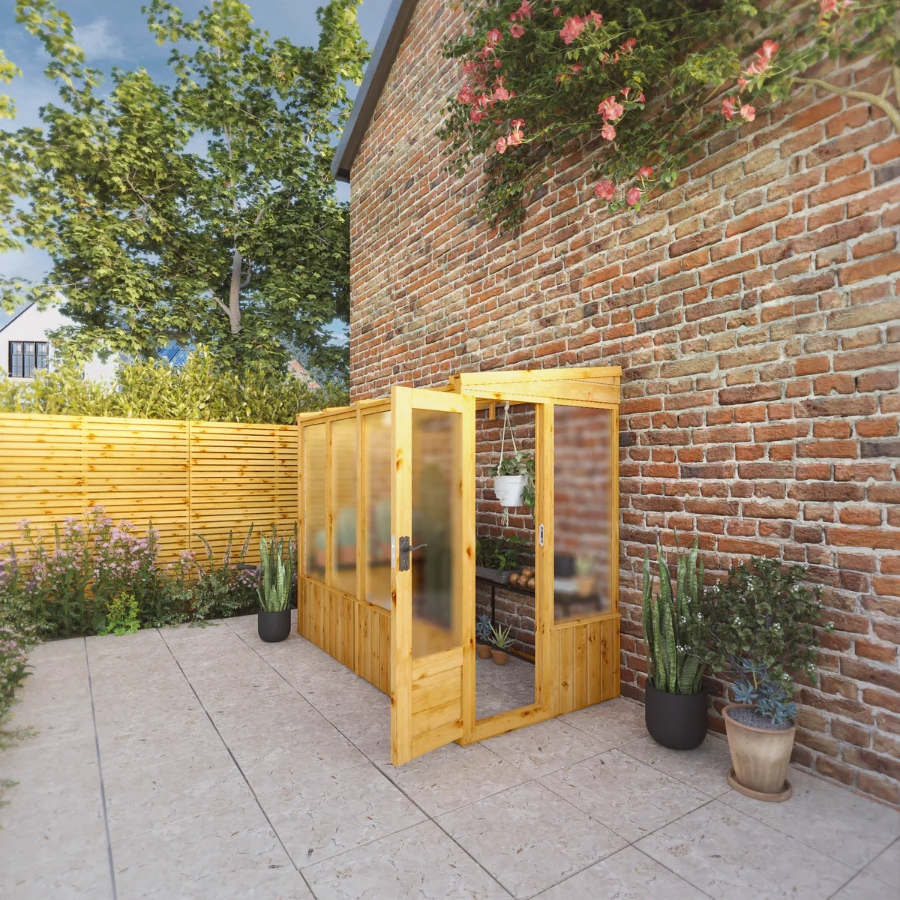 16 Best Lean-To Greenhouses for Small Yards & Side Walls 20 Compact wooden greenhouse with glass doors, serving as a lean-to structure for efficient gardening.