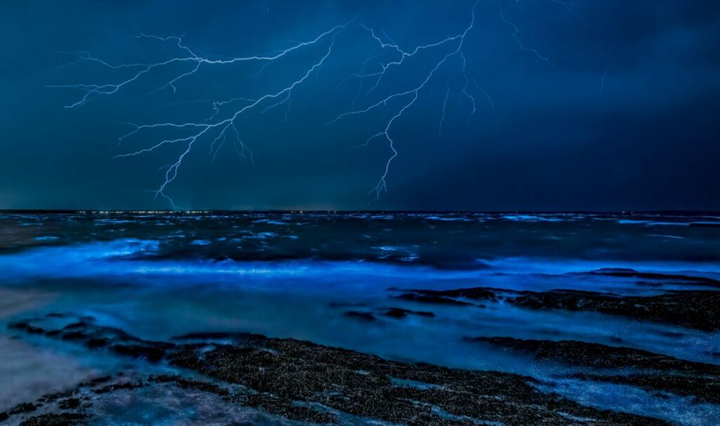 Ocean bioluminescence at night and a storm