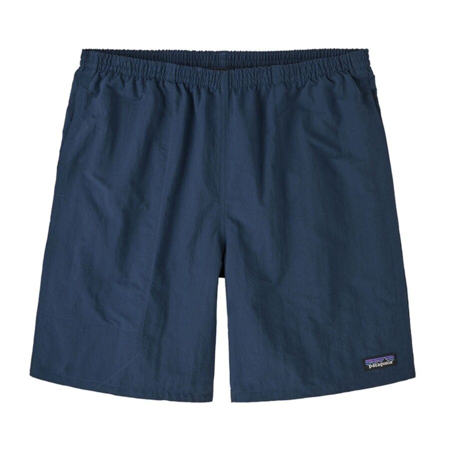 12 Best Sustainable Swimwear Picks for 2026 5 Men's blue Patagonia Baggies Longs with a prominent black logo on the side.