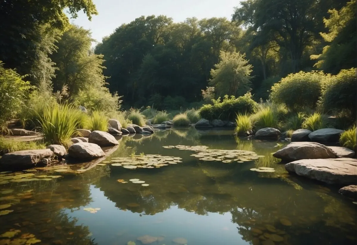 Welcome Wildlife: Transform Your Garden into a Sanctuary with These Simple Tips 3 A tranquil pond surrounded by lush vegetation, with birds drinking and bathing in the water