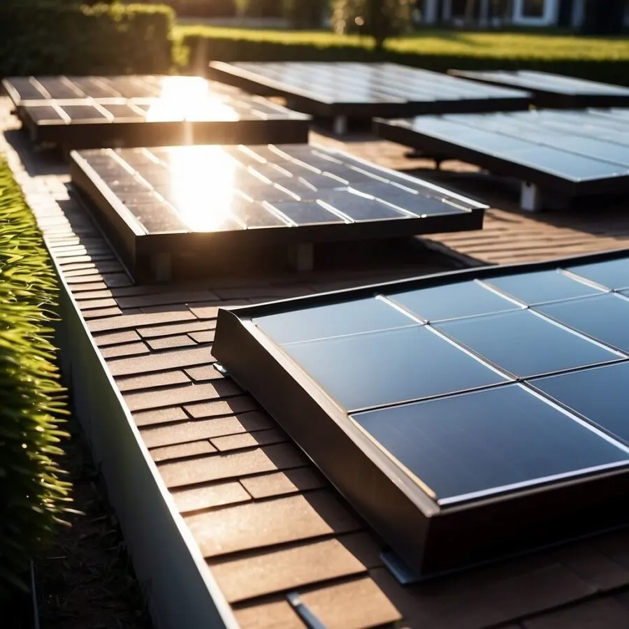 Solar Roof Tiles: Revolutionizing Home Energy 1 The sun shines down on a modern house with sleek solar roof tiles glinting in the light