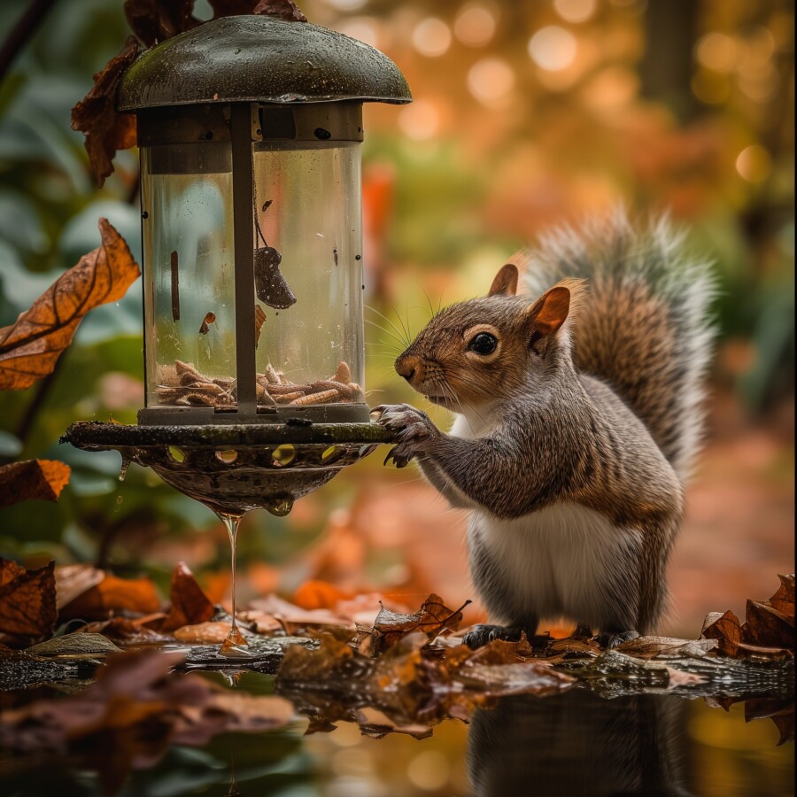 Squirrel Eating at a Feeder in the Middle of Autumn