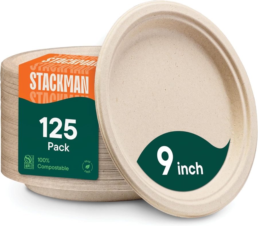 11 Best Compostable Plates for Parties and Everyday Meals 12 Stacked 9-inch compostable paper plates, featuring the number 12 printed on the top plate.