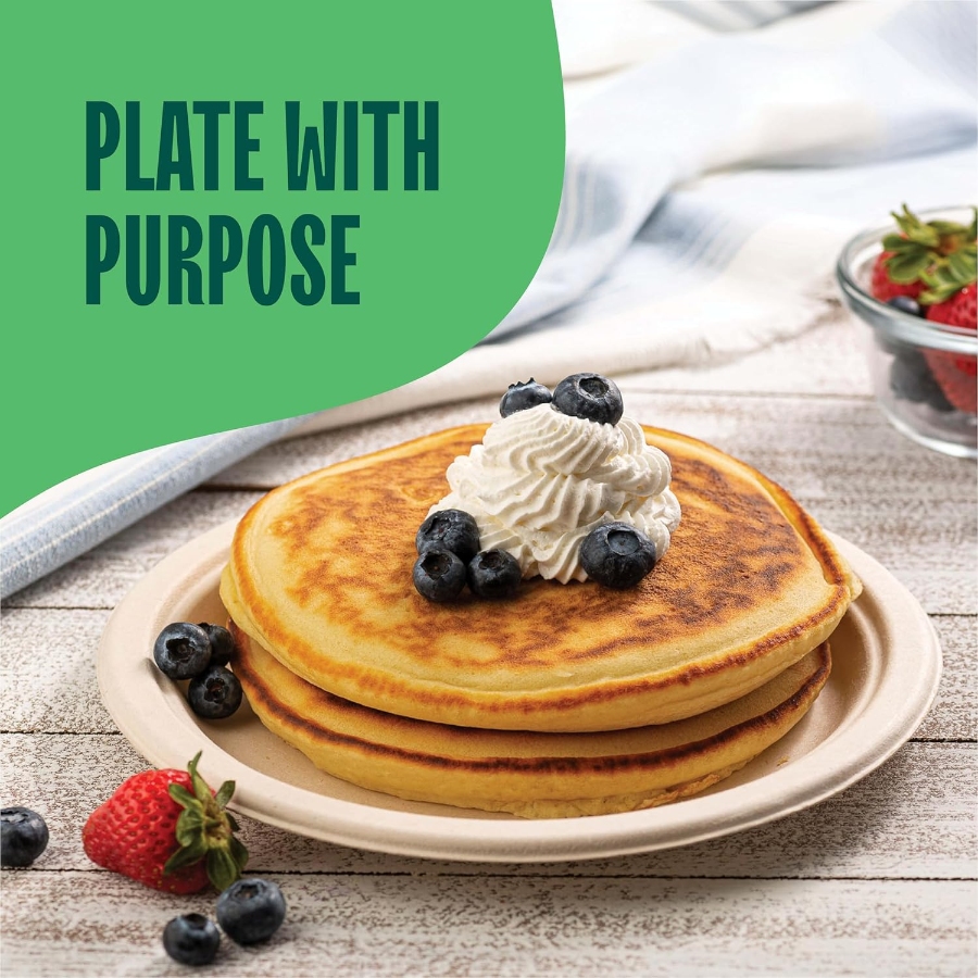 11 Best Compostable Plates for Parties and Everyday Meals 22 Compostable paper plate holding a stack of blueberry pancakes, showcasing its eco-friendly purpose for serving food.