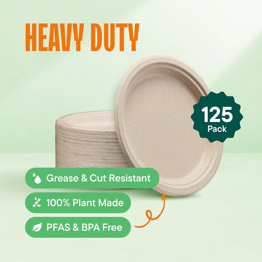 11 Best Compostable Plates for Parties and Everyday Meals 14 Close-up of a 9-inch heavy-duty compostable paper plate, highlighting the "heavy duty" label for durability.