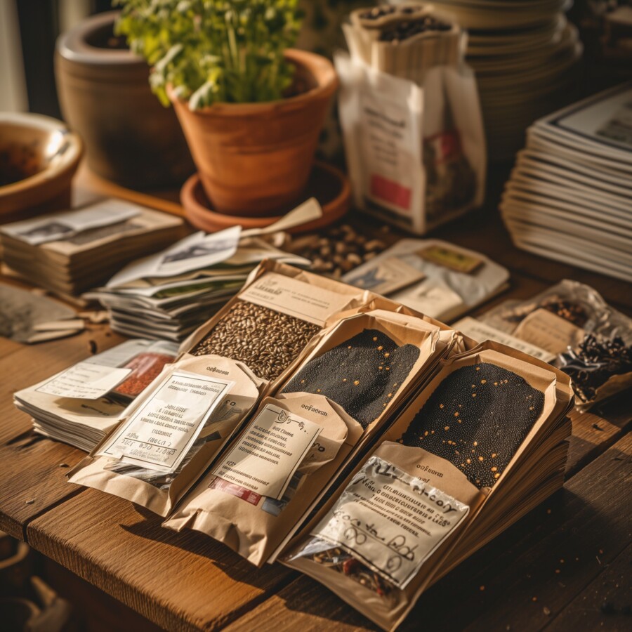 Assortment of seed packets for indoor planting on a wooden table with garden tools