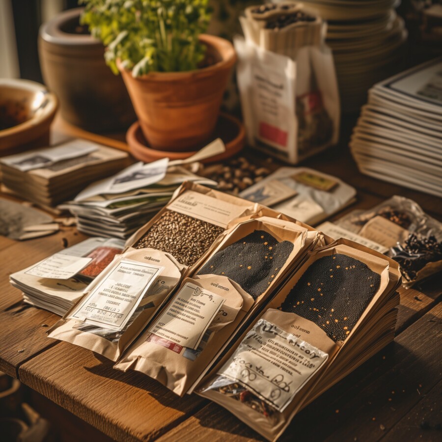 45 Best Starting Seeds in an Unheated Greenhouse 9 Assortment of seed packets for indoor planting on a wooden table with garden tools