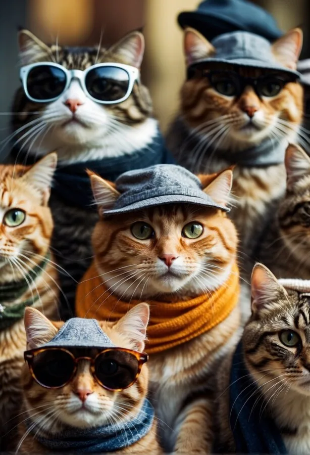 Fashionable cats wearing sunglasses and hats