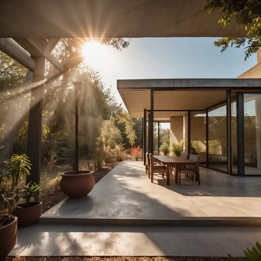 The sun shines on a modern house made of Ashcrete sustainable home materials