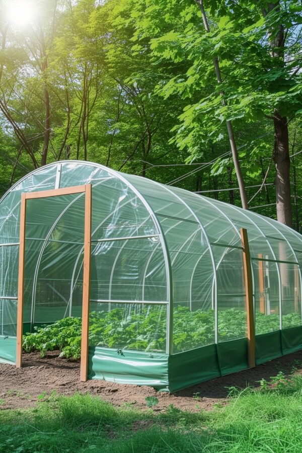 Sunny Backyard Greenhouse with Plants
