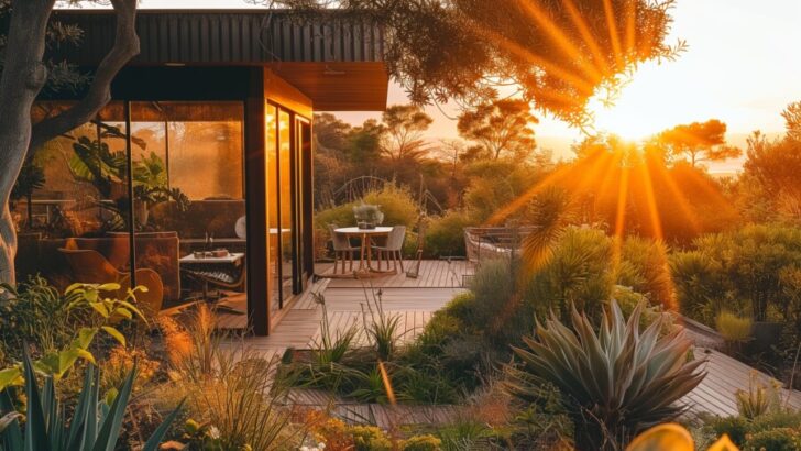 Beautiful Backyard of a Modern Home and Garden at Sunset