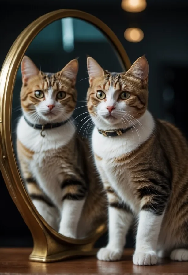tabby cat with mirror reflection