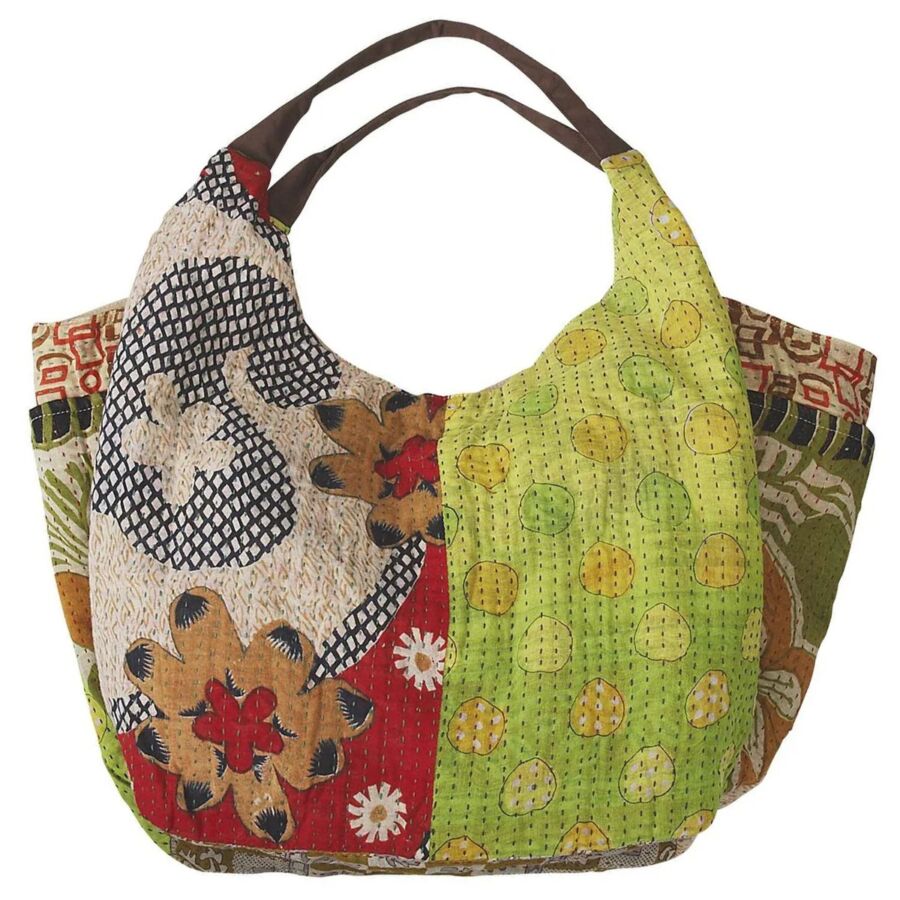 10 Best Fair Trade Handbags for 2026 13 Green and red patchwork slouchy bag with a brown handle, showcasing a vibrant and unique design.