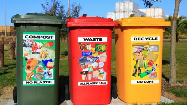 three different trash bins for sorting out the trash