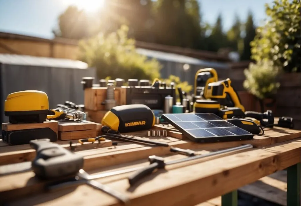 A sunny backyard with a workbench covered in tools and solar panel components