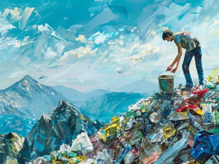 Painting of a Man Picking up Trash on a Mountain