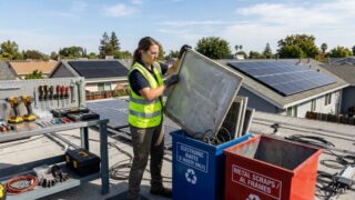 Technician handling old rooftop solar panels near a recycling station with bins for electronic waste and metal scraps.
