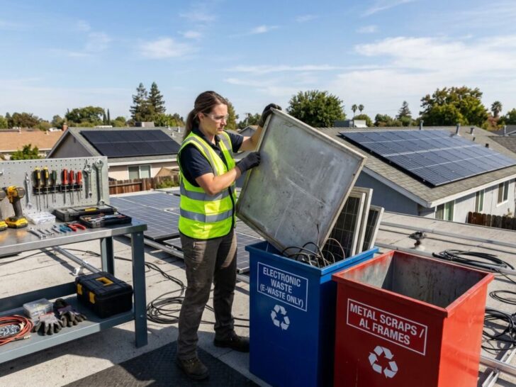 How to Recycle Old Rooftop Solar Panels: Step-by-Step Sustainability Checklist 4 Technician handling old rooftop solar panels near a recycling station with bins for electronic waste and metal scraps.