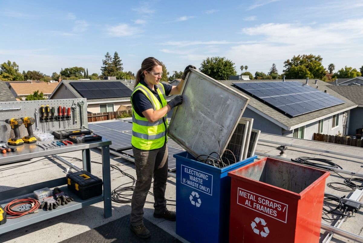Technician handling old rooftop solar panels near a recycling station with bins for electronic waste and metal scraps.