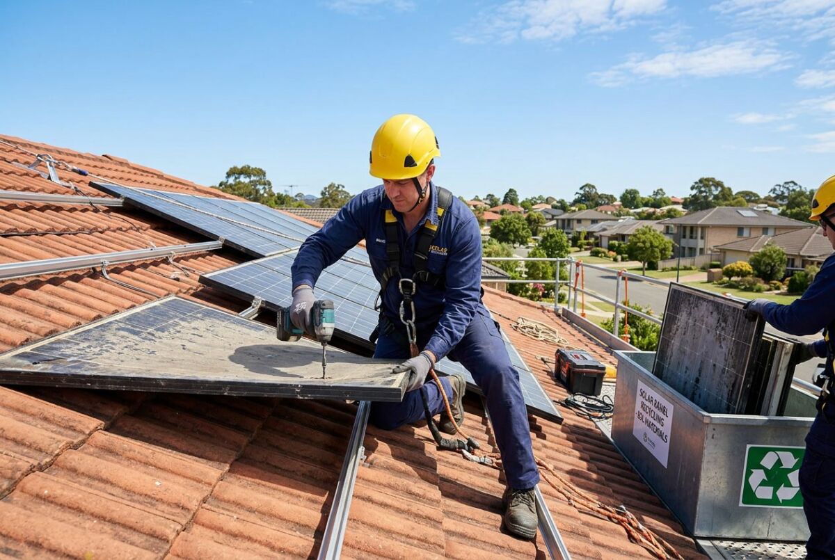 How to Recycle Old Rooftop Solar Panels: Step-by-Step Sustainability Checklist 2 Technician safely removing old solar panels from a rooftop with safety gear and recycling container nearby.