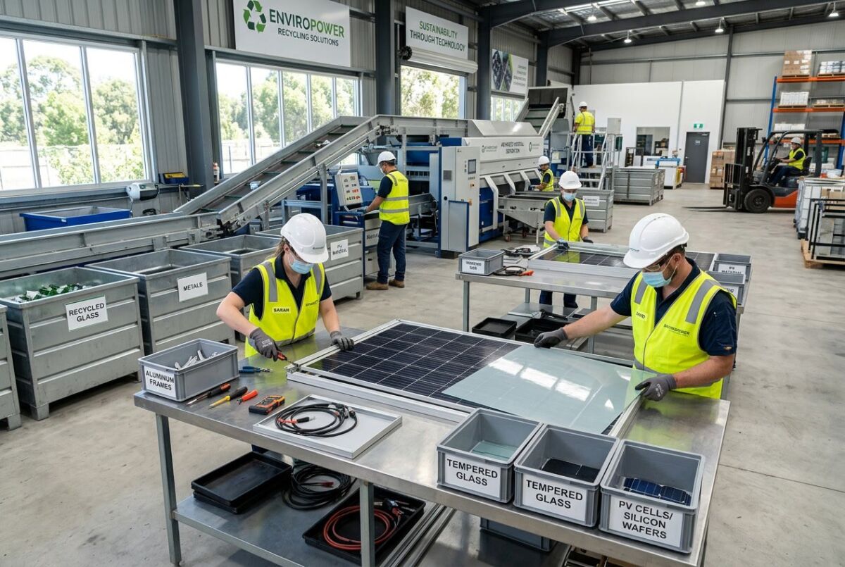 How to Recycle Old Rooftop Solar Panels: Step-by-Step Sustainability Checklist 3 Workers in a recycling facility disassembling old rooftop solar panels with sorting bins and machinery in the background.