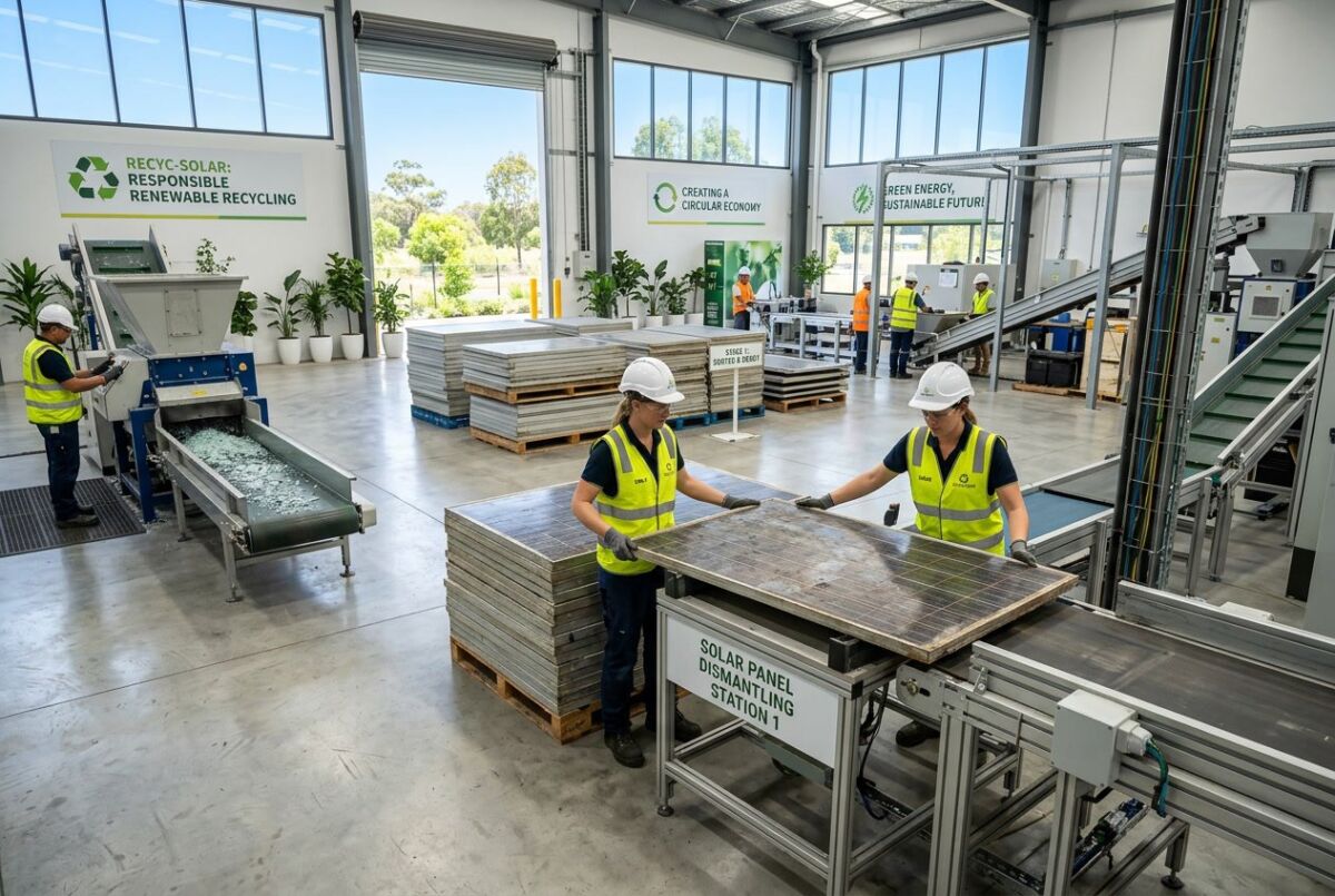 How to Recycle Old Rooftop Solar Panels: Step-by-Step Sustainability Checklist 4 Workers in safety gear sorting and recycling old rooftop solar panels inside a clean recycling facility with machinery and stacks of solar panels.