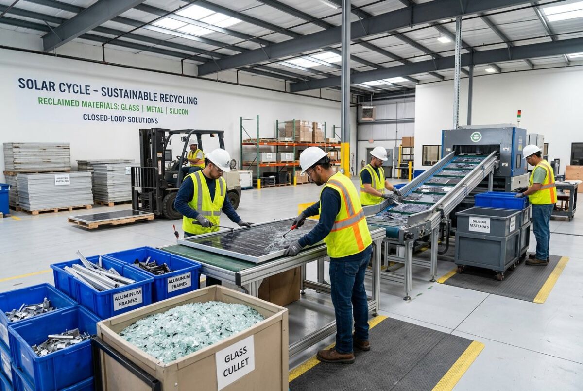 How to Recycle Old Rooftop Solar Panels: Step-by-Step Sustainability Checklist 5 Workers in a recycling facility handling dismantled solar panels with separated materials on conveyors and sorting stations.