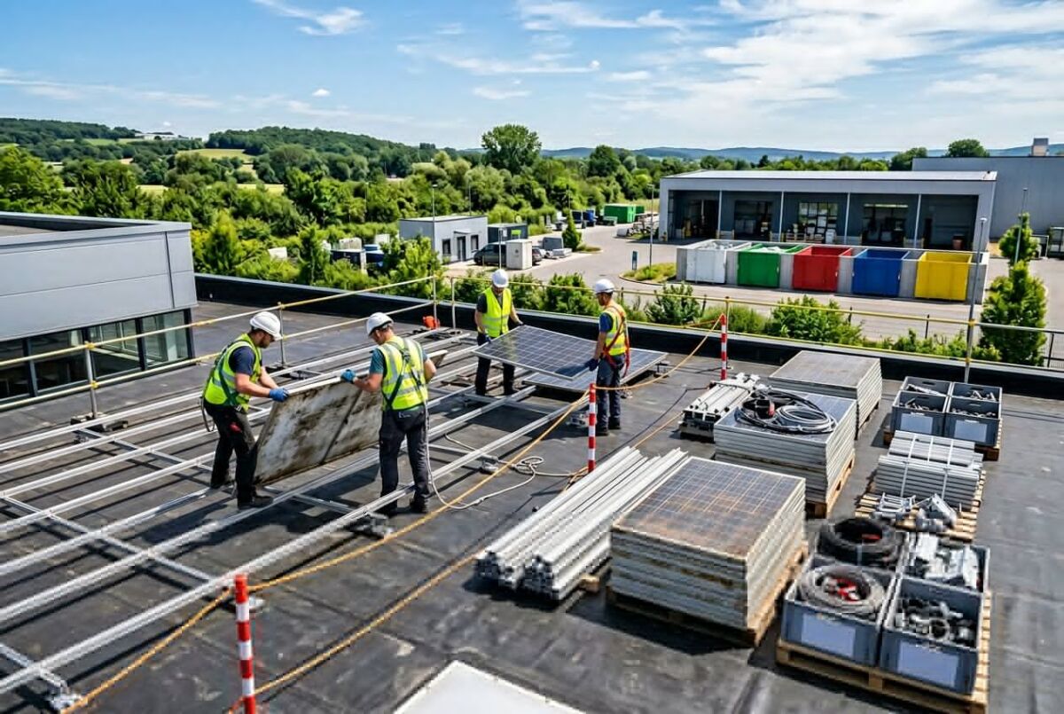 How to Recycle Old Rooftop Solar Panels: Step-by-Step Sustainability Checklist 6 Workers removing old solar panels from a rooftop with a recycling facility and organized materials in the background.