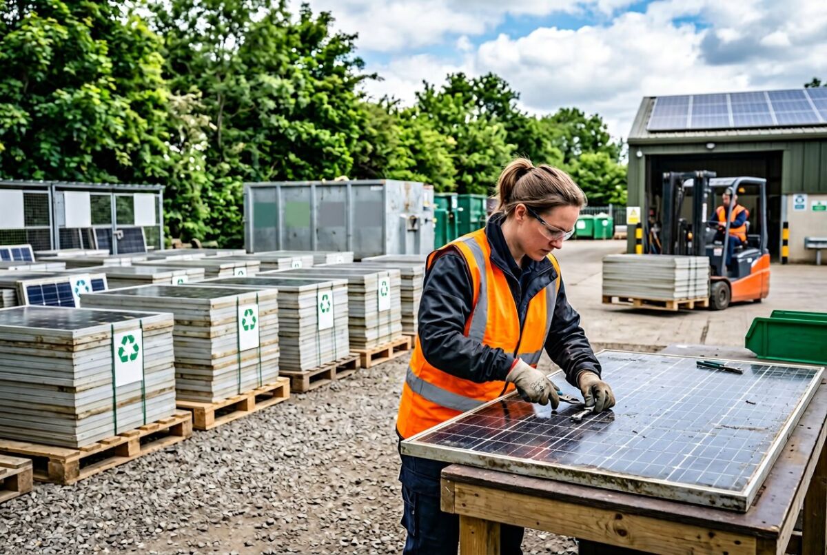 How to Recycle Old Rooftop Solar Panels: Step-by-Step Sustainability Checklist 7 Technician inspecting old rooftop solar panels at an outdoor recycling facility with recycling bins and greenery in the background.