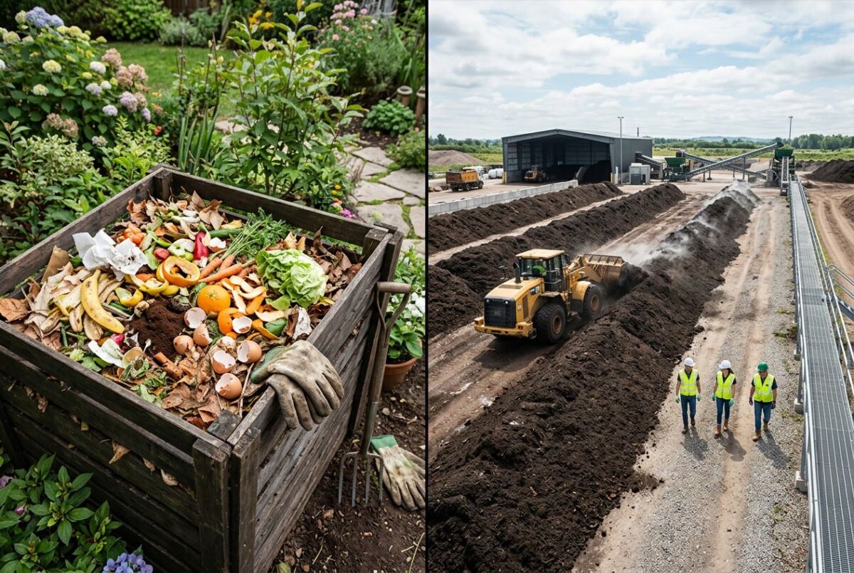 Home Compostable vs Industrial Compostable: Key Differences, Standards, and Sustainable Choices 1 Side-by-side view of a backyard compost bin with kitchen scraps and an industrial composting facility with large compost piles and machinery.