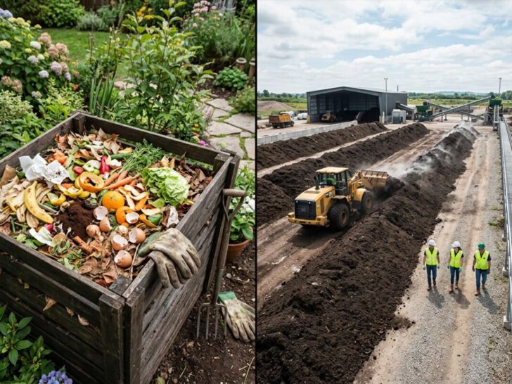 Home Compostable vs Industrial Compostable: Key Differences, Standards, and Sustainable Choices 3 Side-by-side view of a backyard compost bin with kitchen scraps and an industrial composting facility with large compost piles and machinery.