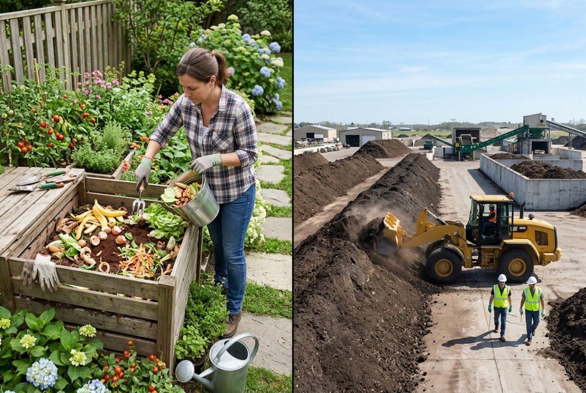 Home Compostable vs Industrial Compostable: Key Differences, Standards, and Sustainable Choices 2 A split scene showing a home compost bin with kitchen scraps in a garden on one side and an industrial composting facility with machinery and workers on the other.