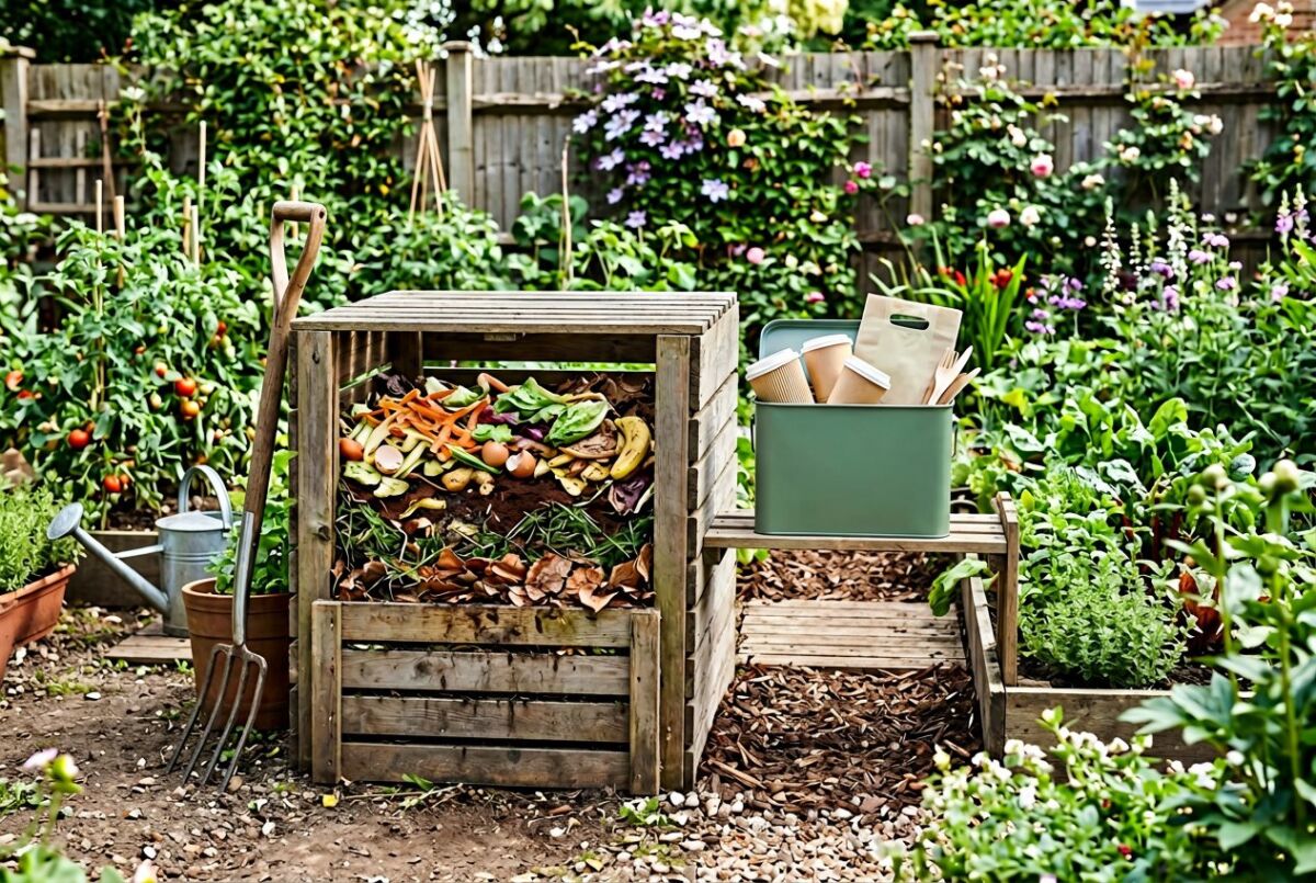 Home Compostable vs Industrial Compostable: Key Differences, Standards, and Sustainable Choices 3 A backyard composting area with a compost bin containing organic waste and a separate container for industrial compostable packaging, surrounded by plants.