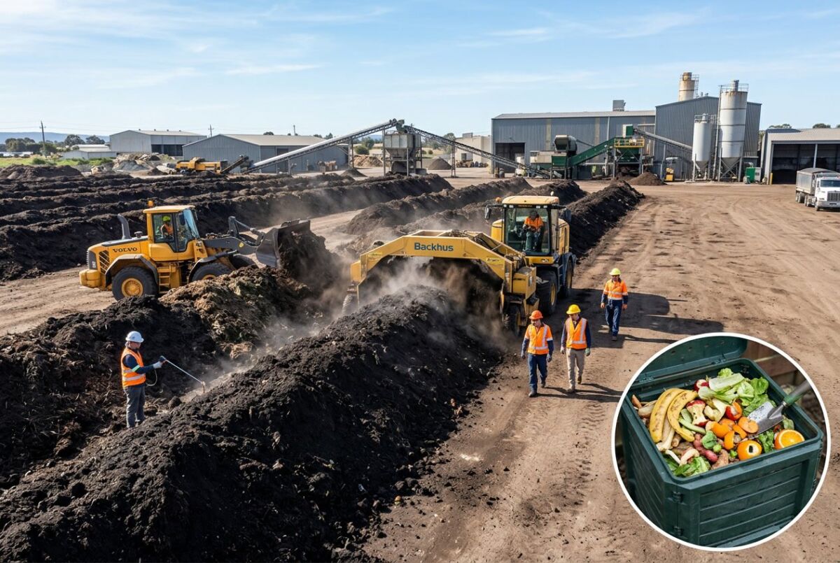 Home Compostable vs Industrial Compostable: Key Differences, Standards, and Sustainable Choices 4 An industrial composting facility with large piles of organic waste being processed by machinery, with workers nearby and a small home compost bin shown for comparison.