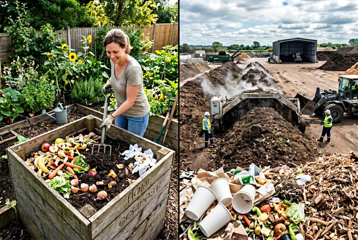 Home Compostable vs Industrial Compostable: Key Differences, Standards, and Sustainable Choices 5 Split image showing a home garden compost bin with kitchen scraps breaking down on one side and an industrial composting facility with large compost piles and machinery on the other side.