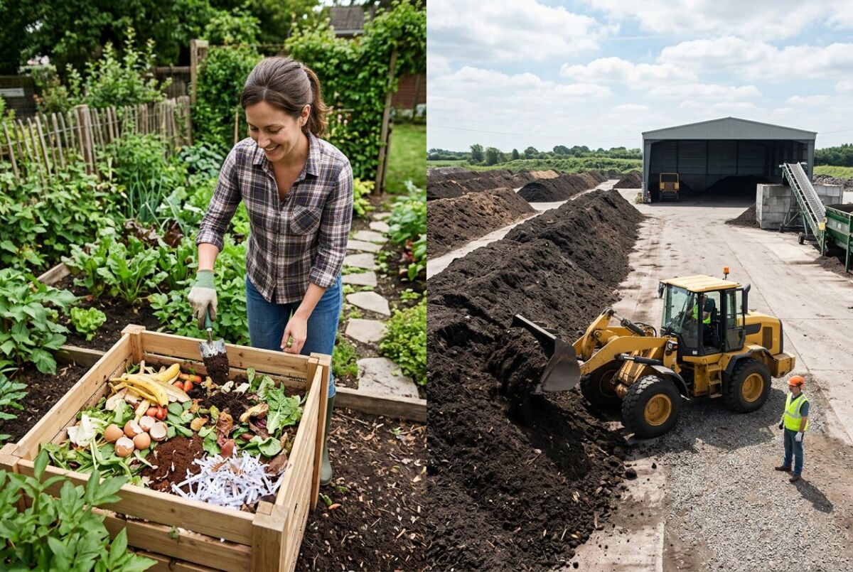 Home Compostable vs Industrial Compostable: Key Differences, Standards, and Sustainable Choices 6 Split image showing a backyard home compost bin with organic waste on one side and an industrial composting facility with large compost piles and workers on the other.