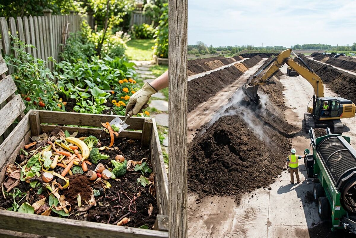 Home Compostable vs Industrial Compostable: Key Differences, Standards, and Sustainable Choices 7 Split image showing a home garden compost bin with organic waste on one side and an industrial composting facility with large compost piles and workers on the other.